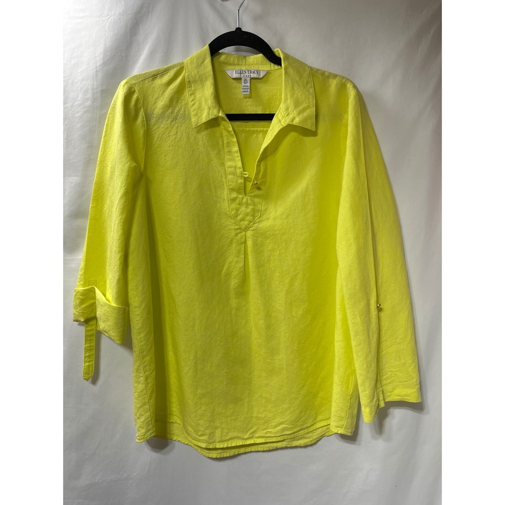 Ellen Tracy Linen Neon Yellow Tunic Top Roll Tab Sleeve Split V-Neck Womens L